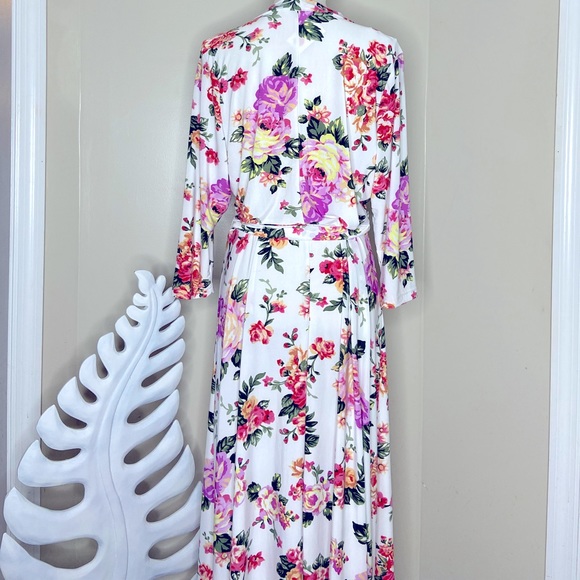 White Pink Green Yellow Floral Long Sleeve Belted Faux Wrap Maxi Dress Size 2X - Picture 3 of 4